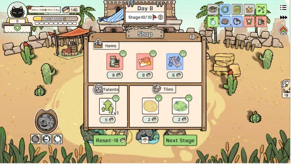 Game interface of Cat God Ranch featuring shop items, talents, and tiles for deckbuilding and animal ranch management.