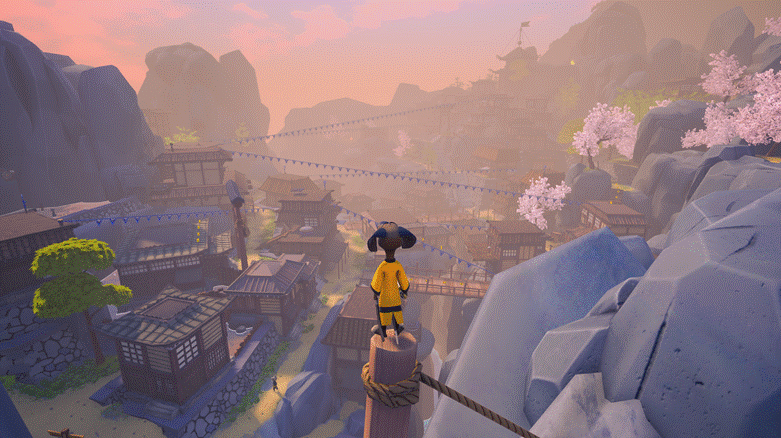 View of a character balancing on a log overlooking a picturesque village in Samurai Academy: Paws of Fury game.