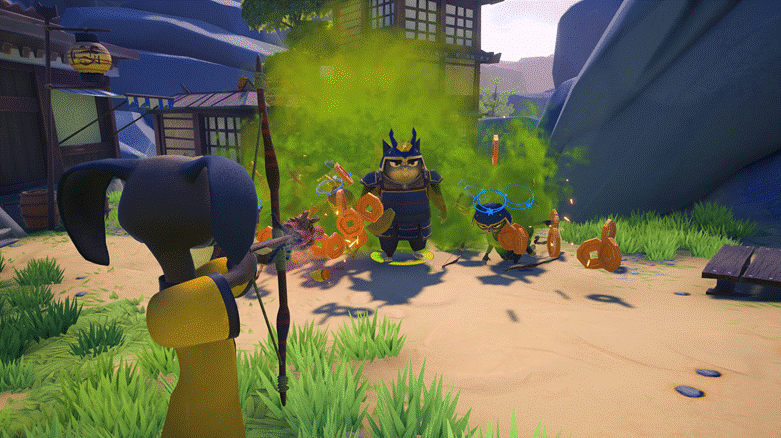 Exciting gameplay from Samurai Academy: Paws of Fury, featuring vibrant characters battling in a colorful environment.