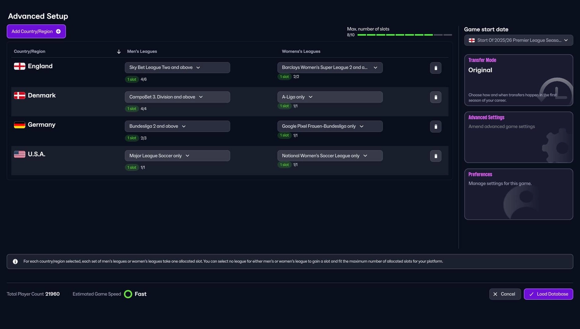 Football Manager 26 Console setup interface showcasing new leagues and UI features for an enhanced gaming experience.