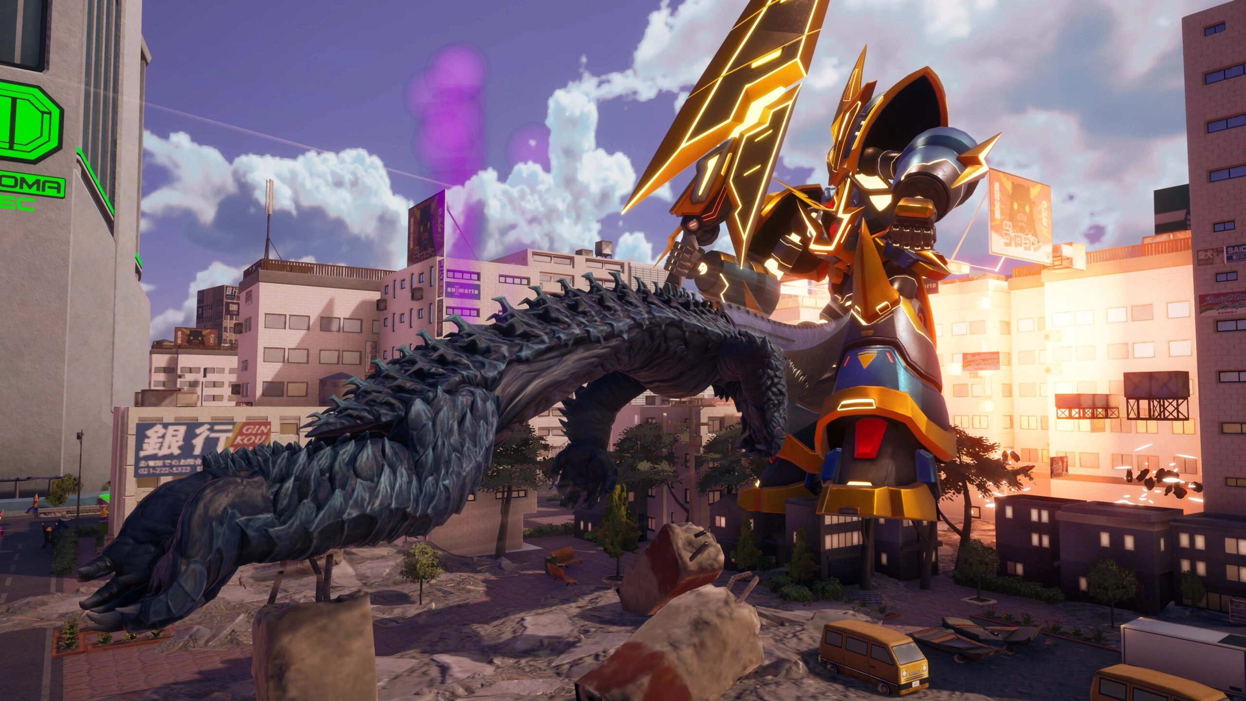 Alt text: "GigaBash DLC showcases Gamera and Guiron battling in a vibrant city arena, celebrating kaiju cinema