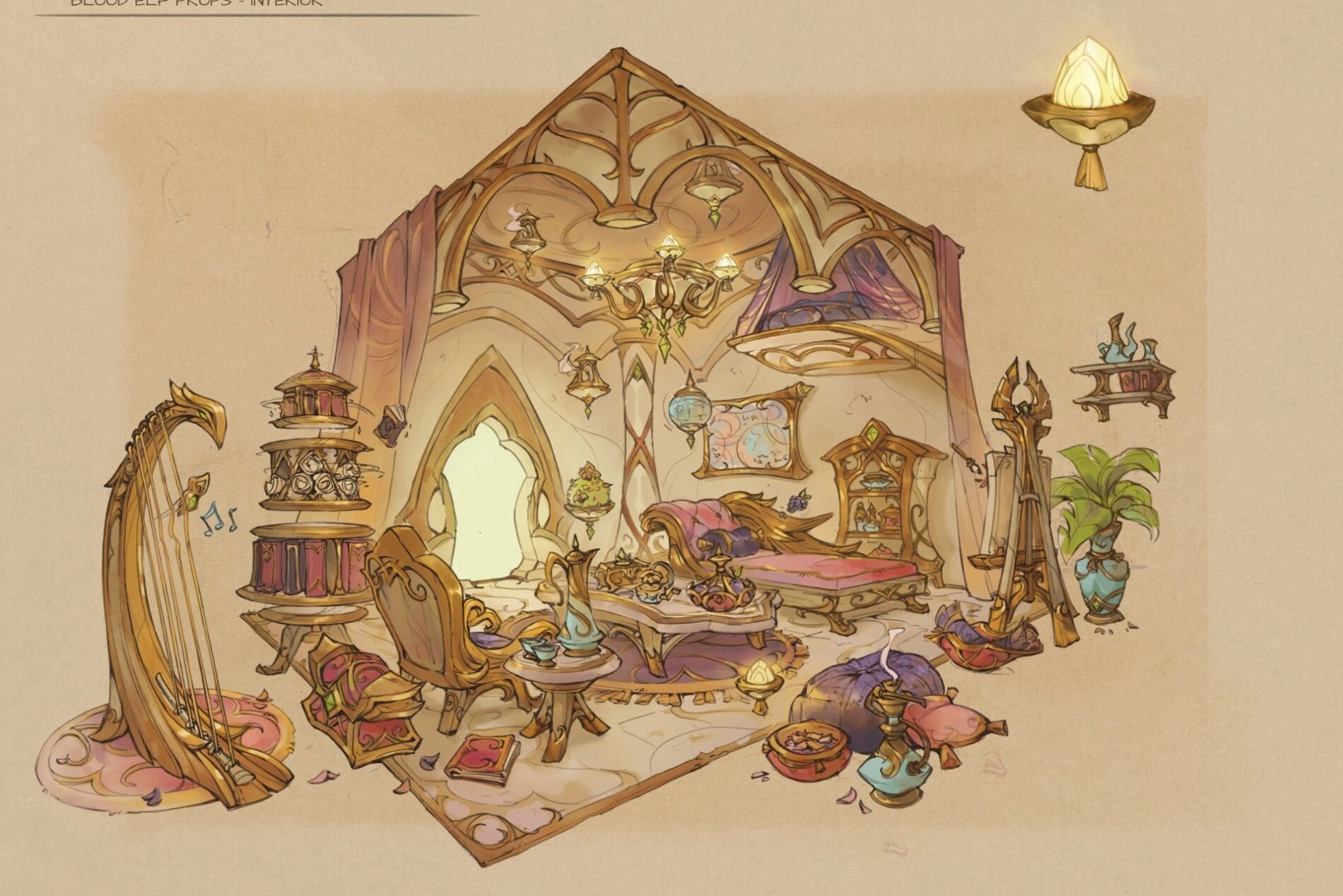 Cozy Blood Elf player housing concept art showcasing intricate decor and a welcoming atmosphere in World of Warcraft.