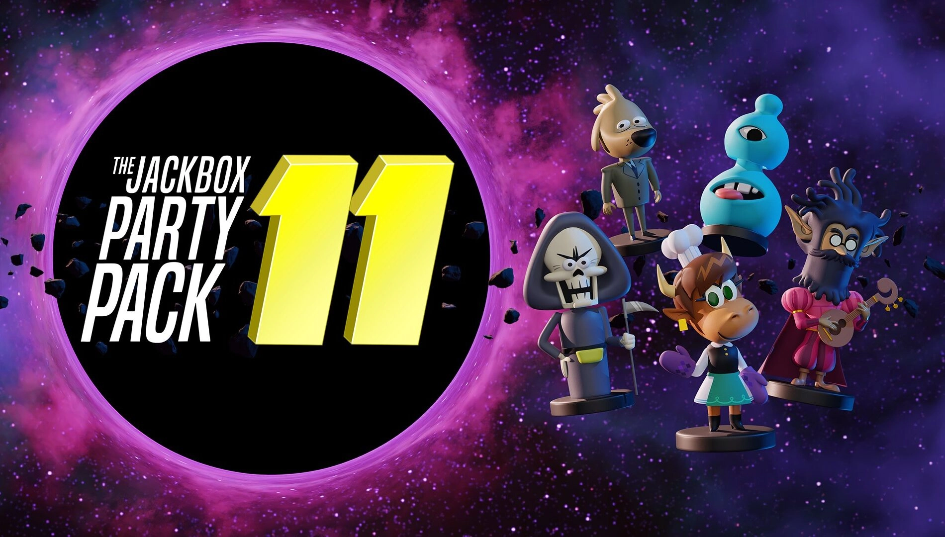 Jackbox Party Pack 11 characters showcased against a cosmic backdrop, inviting gamers to enjoy new multiplayer fun.