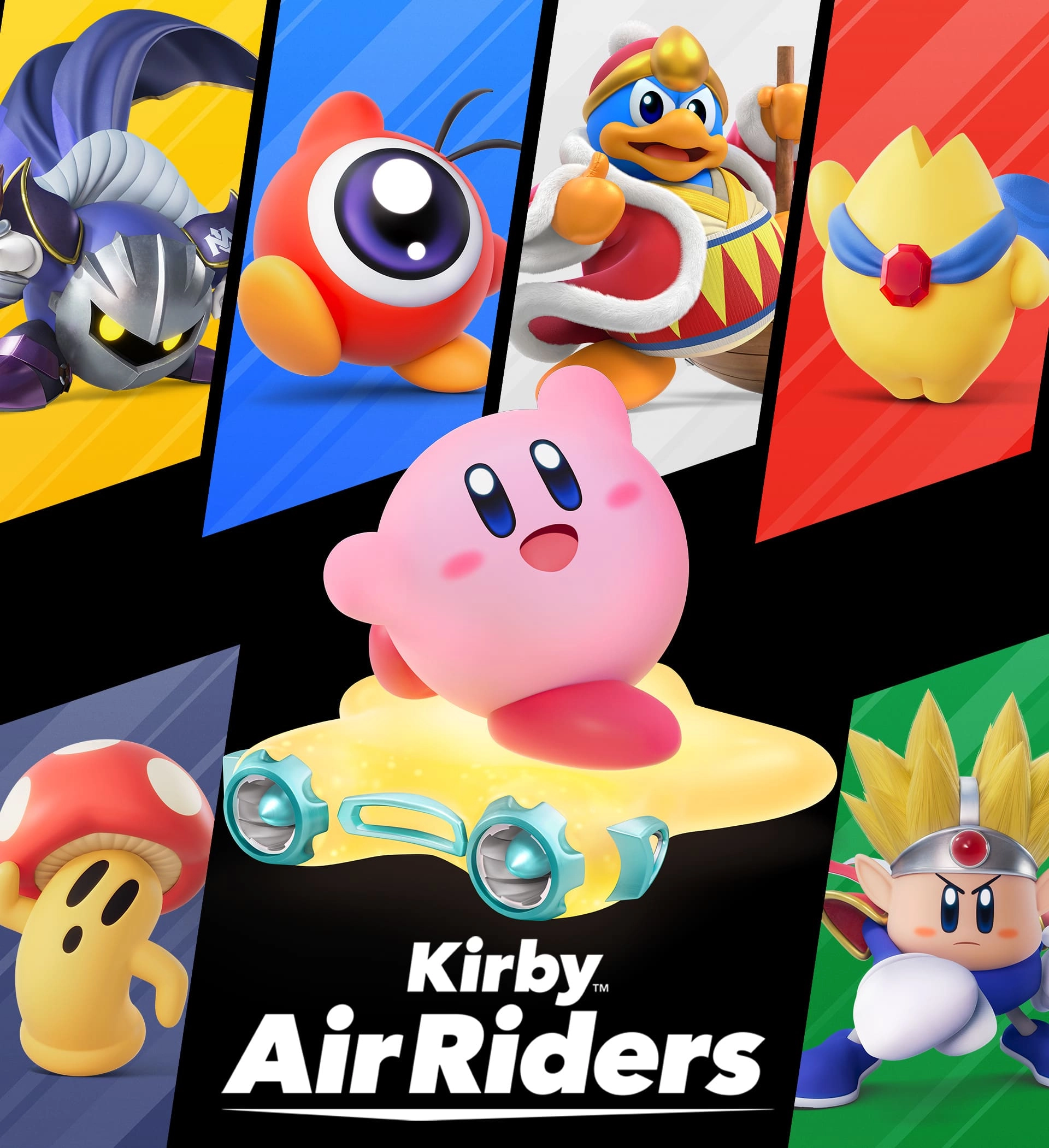 Kirby and friends in vibrant action poses, showcasing Kirby