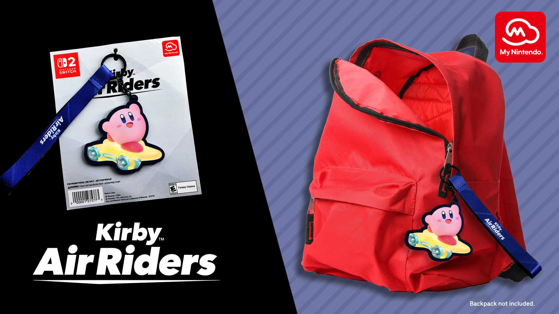 Kirby Air Riders merchandise featuring a plush keychain on a red backpack, promoting My Nintendo rewards for players.