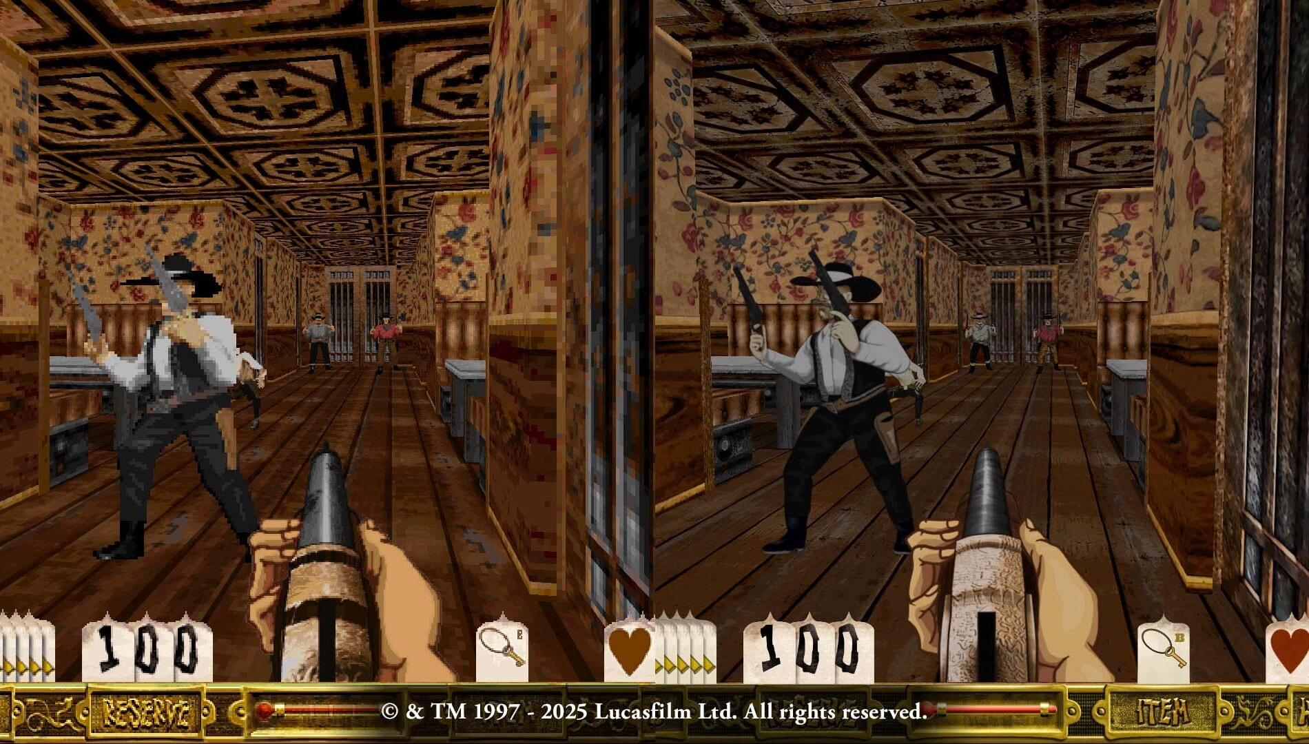 Gameplay scene from Outlaws (1997), showcasing Western-themed first-person shooter action and immersive environments.
