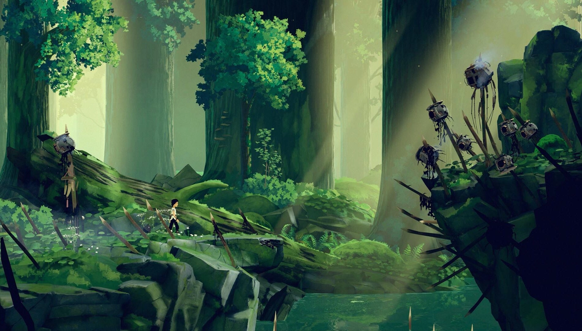 A lush forest scene from Planet of Lana II, showcasing vibrant nature and mysterious robotic figures amid new explorations.
