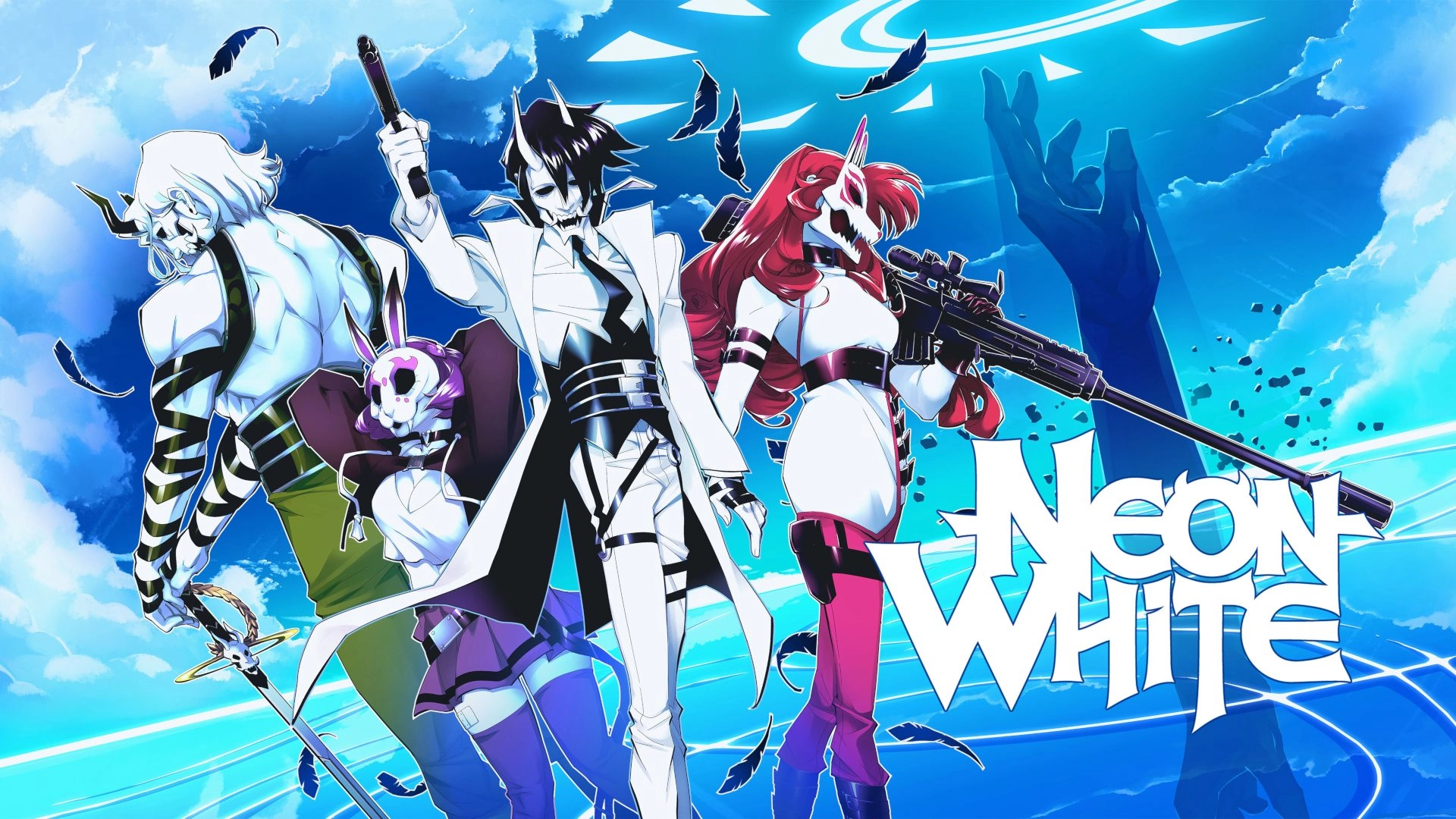 Neon White game cover featuring dynamic characters in a vibrant, futuristic setting. Available on PS Plus December 2023.