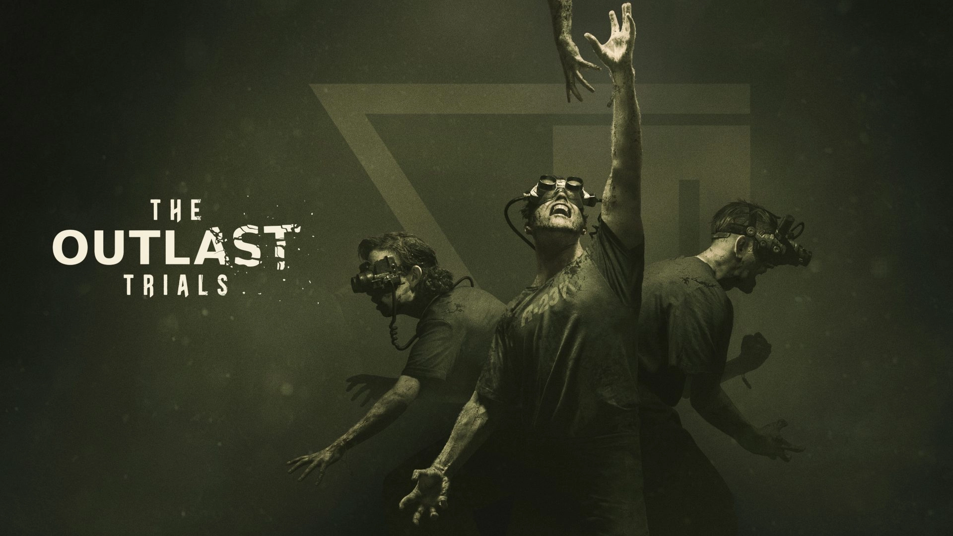 The Outlast Trials game artwork featuring intense characters in a dark, suspenseful environment, highlighting psychologica...