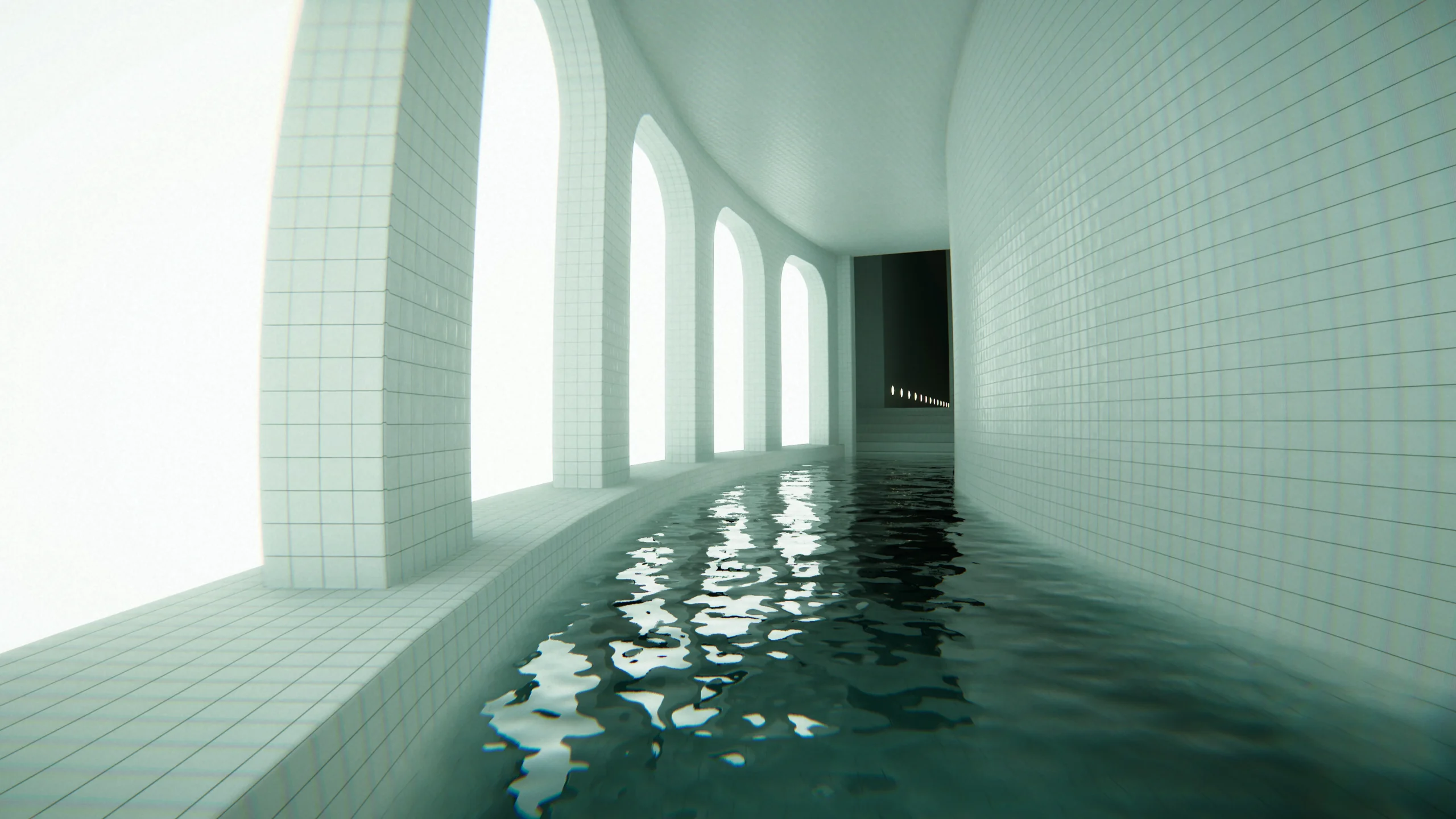 Liminal space in Pools game, featuring water reflections and arched windows, creating an immersive atmosphere for PS5 and ...