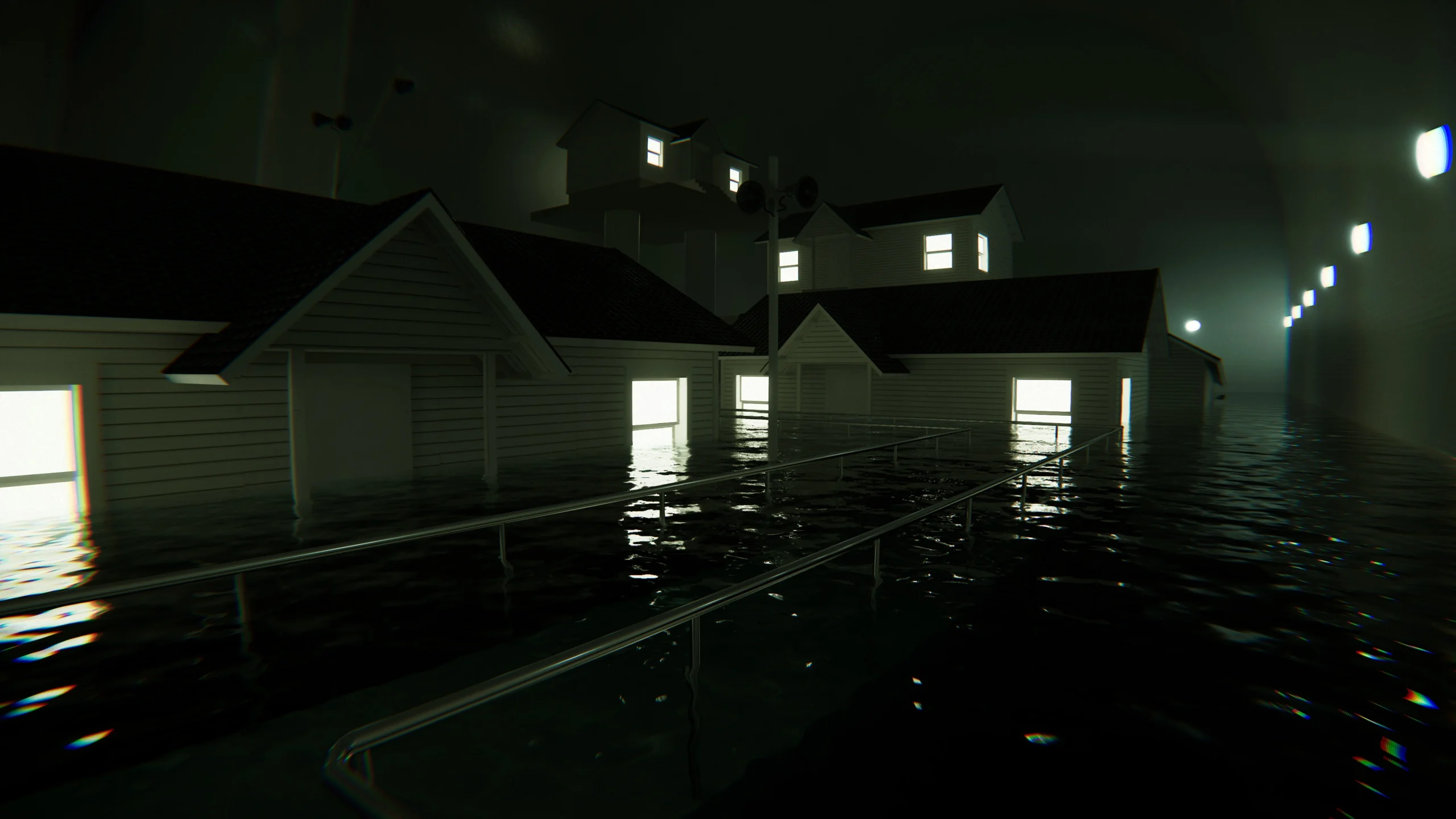 Surreal flooded houses create an immersive backdrop for the upcoming PS5 and PS VR2 game, Pools, launching November 25.