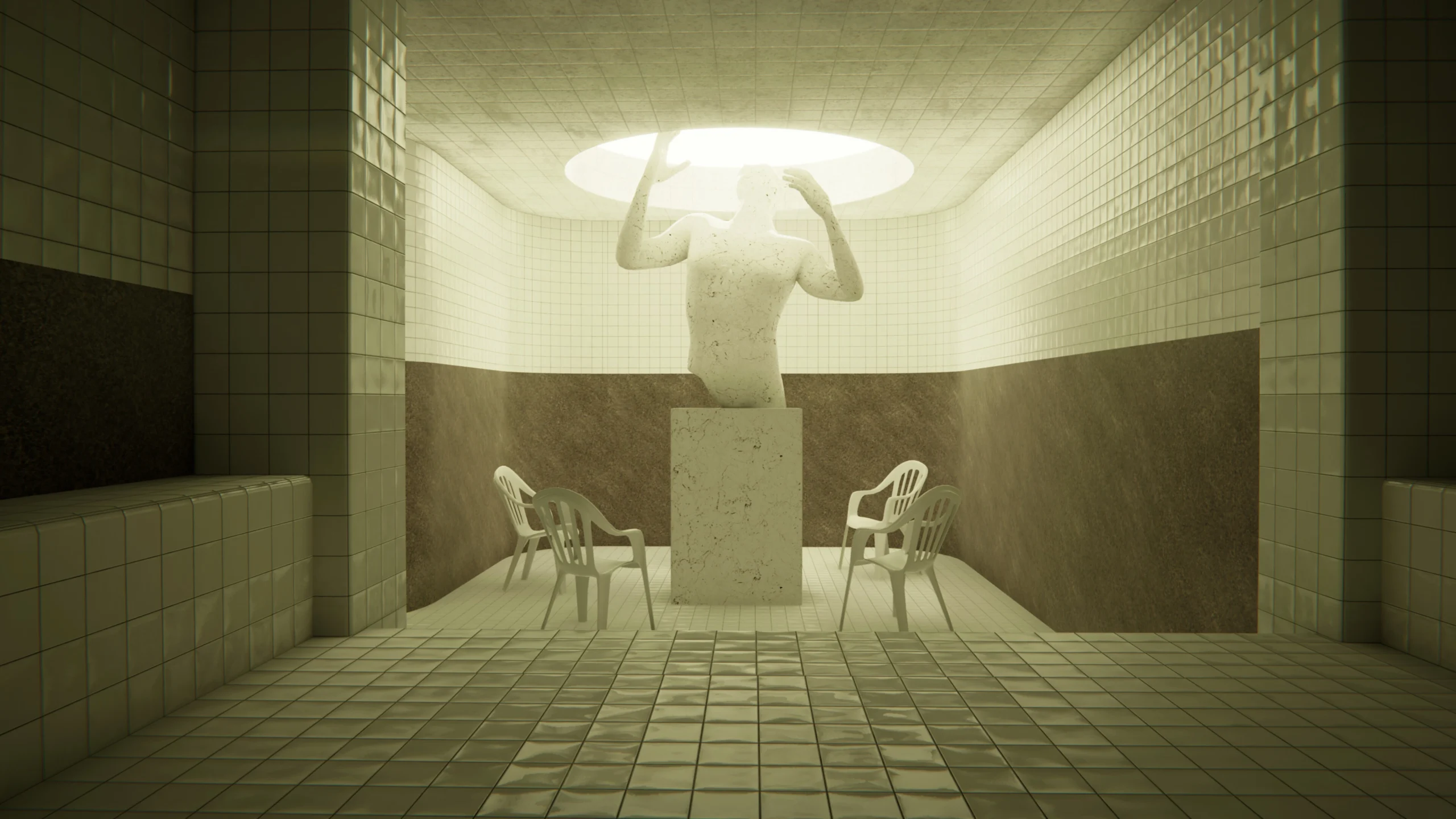 A surreal liminal space with a statue and chairs, highlighting the immersive atmosphere of the game Pools for PS5 and PS VR2.