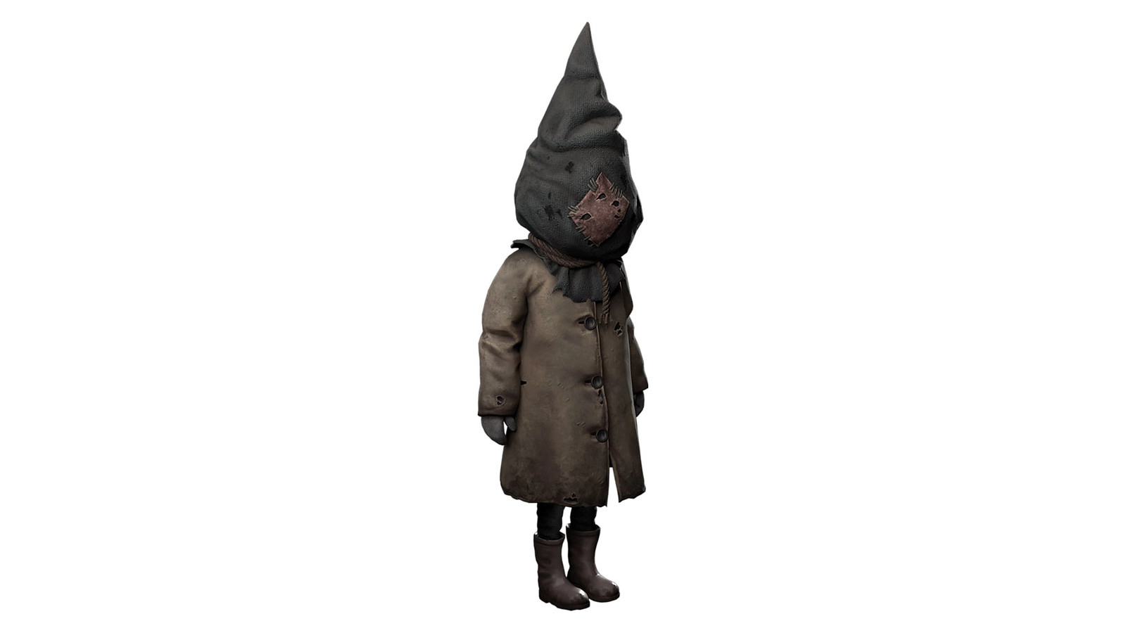 A mysterious character from the co-op horror game Reanimal, showcasing a unique design with a hooded cloak and mask.