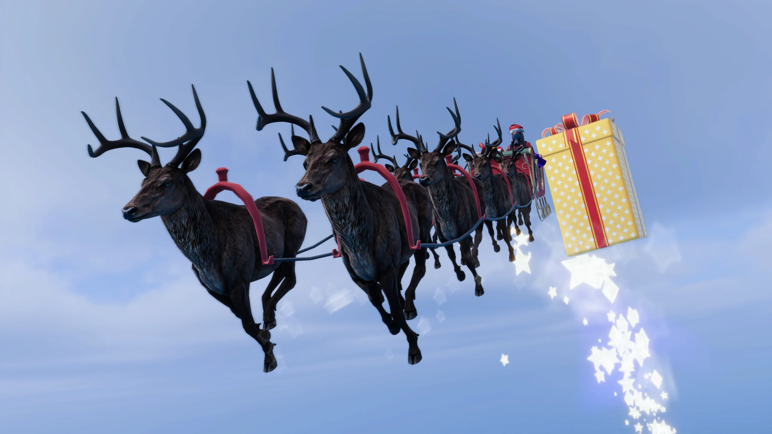 Reindeer pulling a gift sleigh, capturing the festive spirit of Rust Console Edition