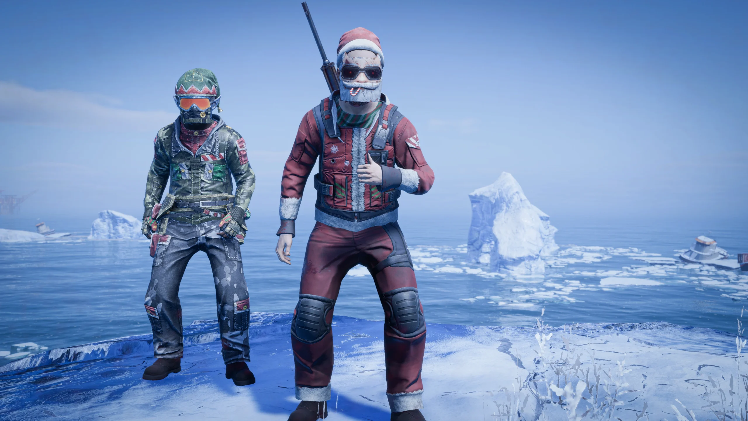 Two survivors in festive attire stand on a snowy landscape in Rust Console Edition, preparing for winter chaos and adventu...