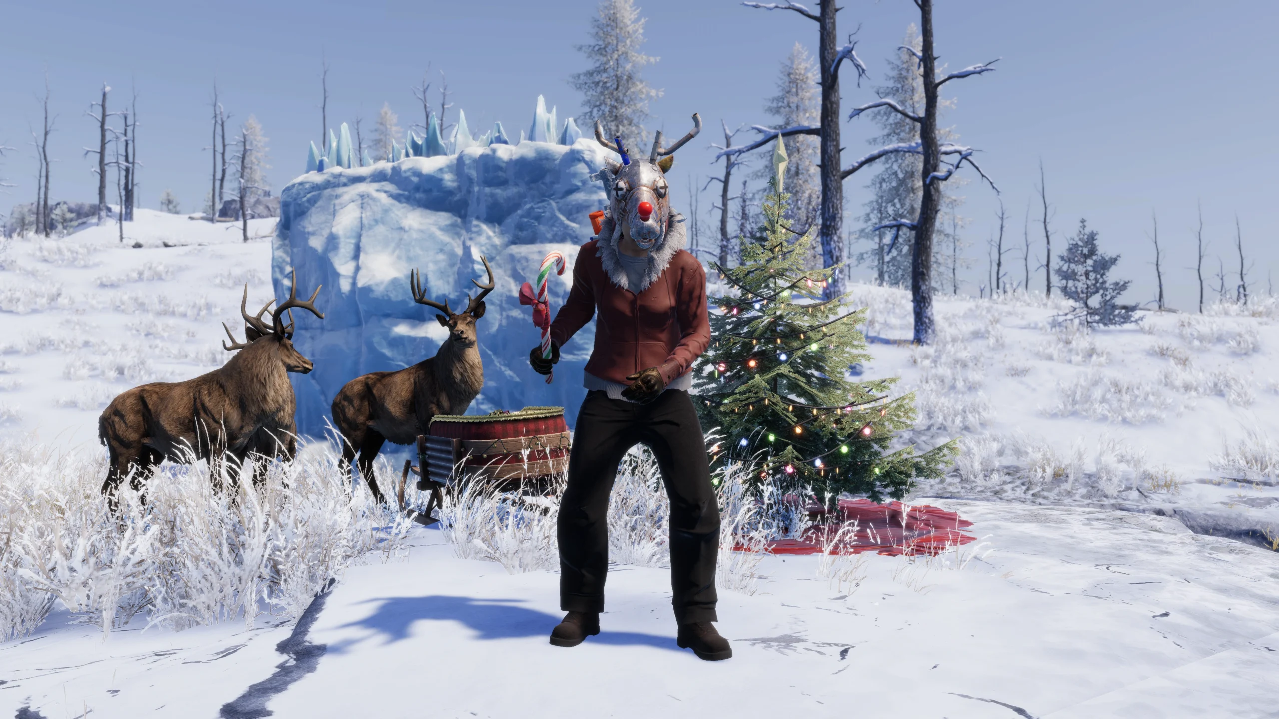 Survivor in festive attire stands in snowy landscape with reindeer and decorated tree, highlighting Rust Console