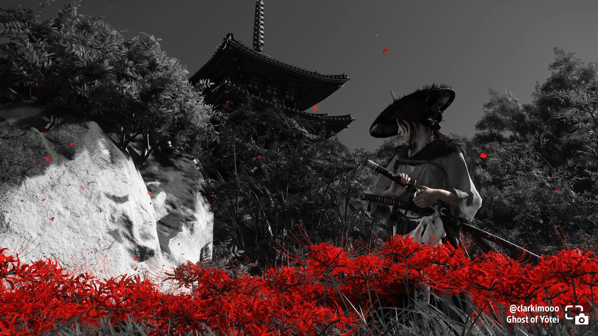 Atsu embarks on the Spider Lily General side quest in Ghost of Yōtei, surrounded by vivid red flowers. #PSshare #PSBlog