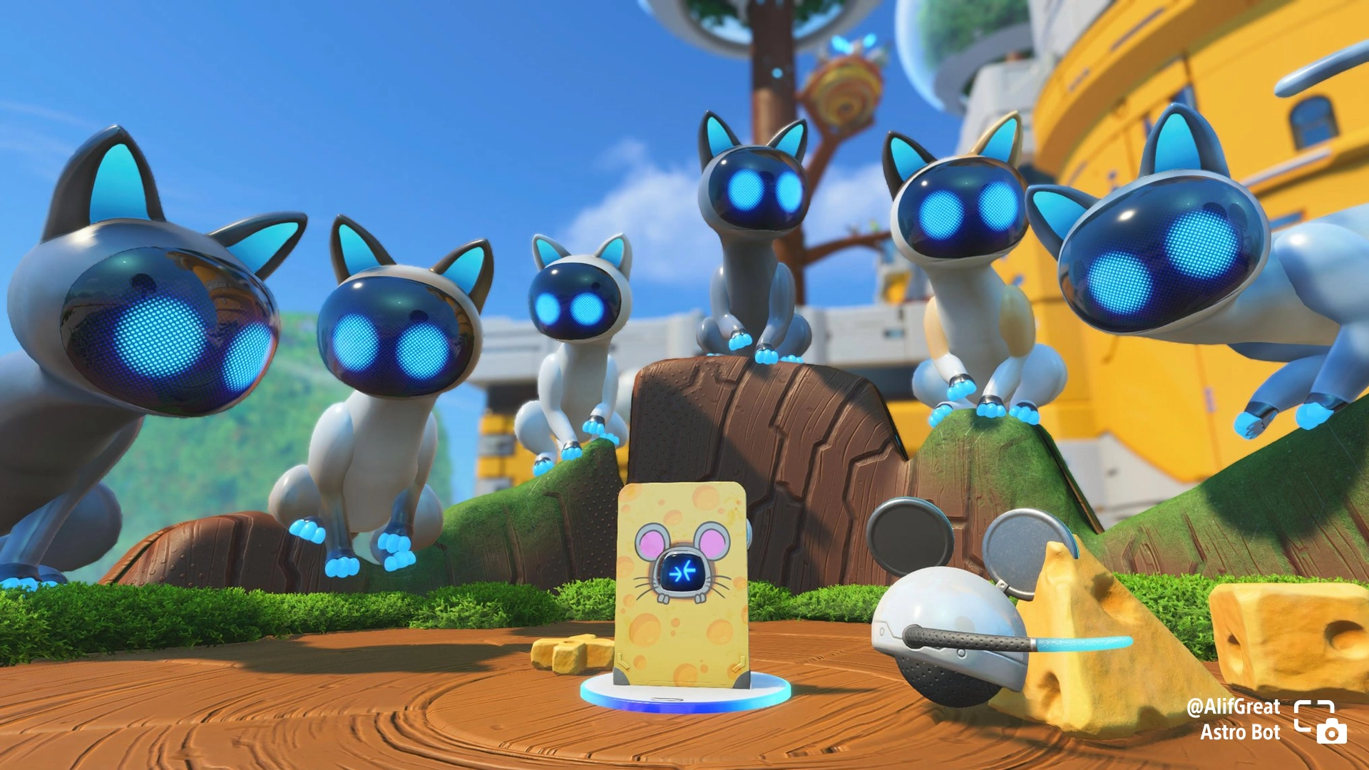 Astro Bot with glowing blue-eyed cats poses playfully around a cheese slice, capturing a whimsical gaming moment.