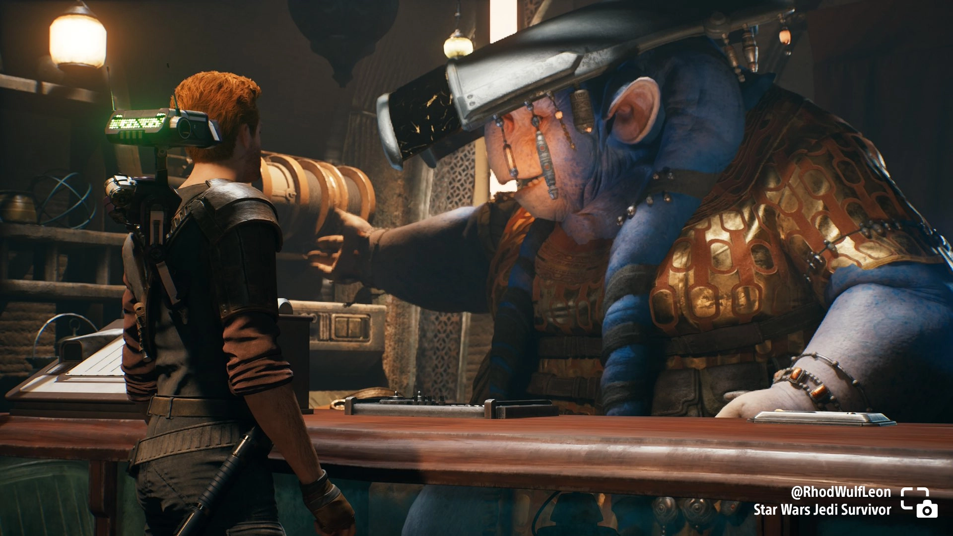 Cal interacts with a shopkeep in Star Wars Jedi Survivor, showcasing a vibrant gaming moment. #PSshare #PSBlog