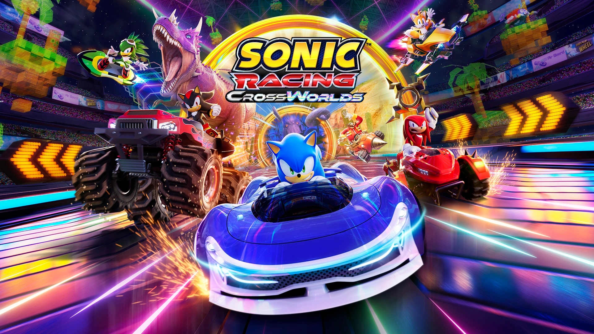 Colorful scene from Sonic Racing CrossWorlds featuring characters in vibrant karts racing on a dynamic track.