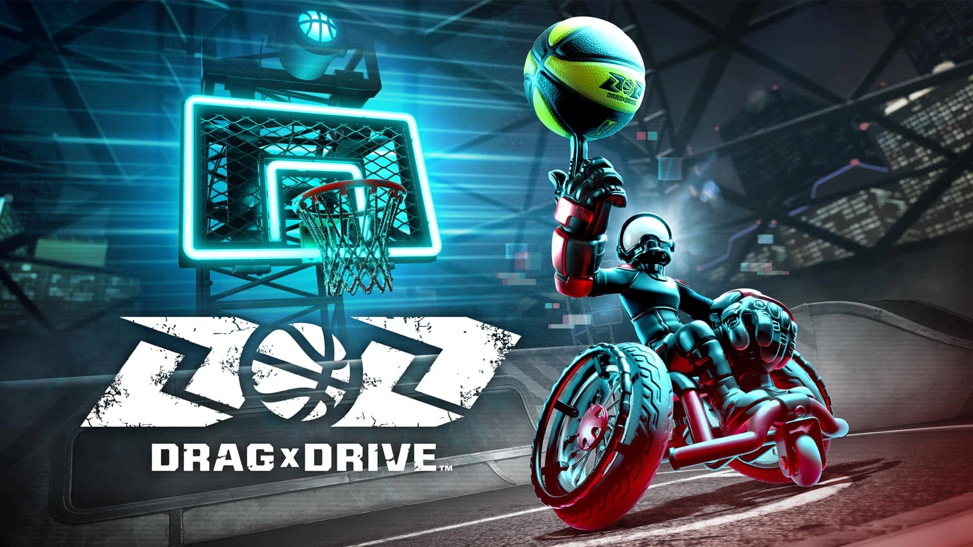 Promo for Drag x Drive game demo, featuring a stylized basketball scene with a colorful background. Try before you buy!