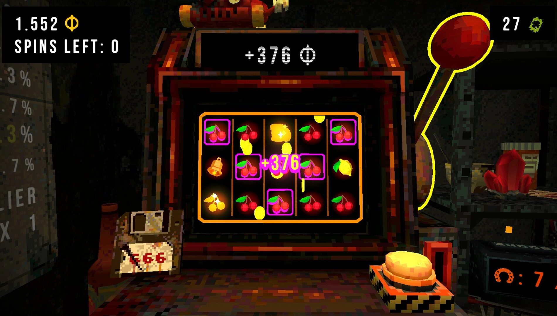 CloverPit slot machine gameplay featuring suspenseful visuals and charm upgrades in a horror-themed roguelite experience.