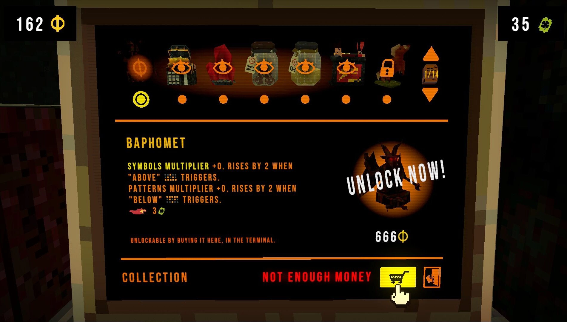 Image of CloverPit gameplay showing slot machine mechanics and charm upgrades, highlighting its unique horror-roguelite ex...