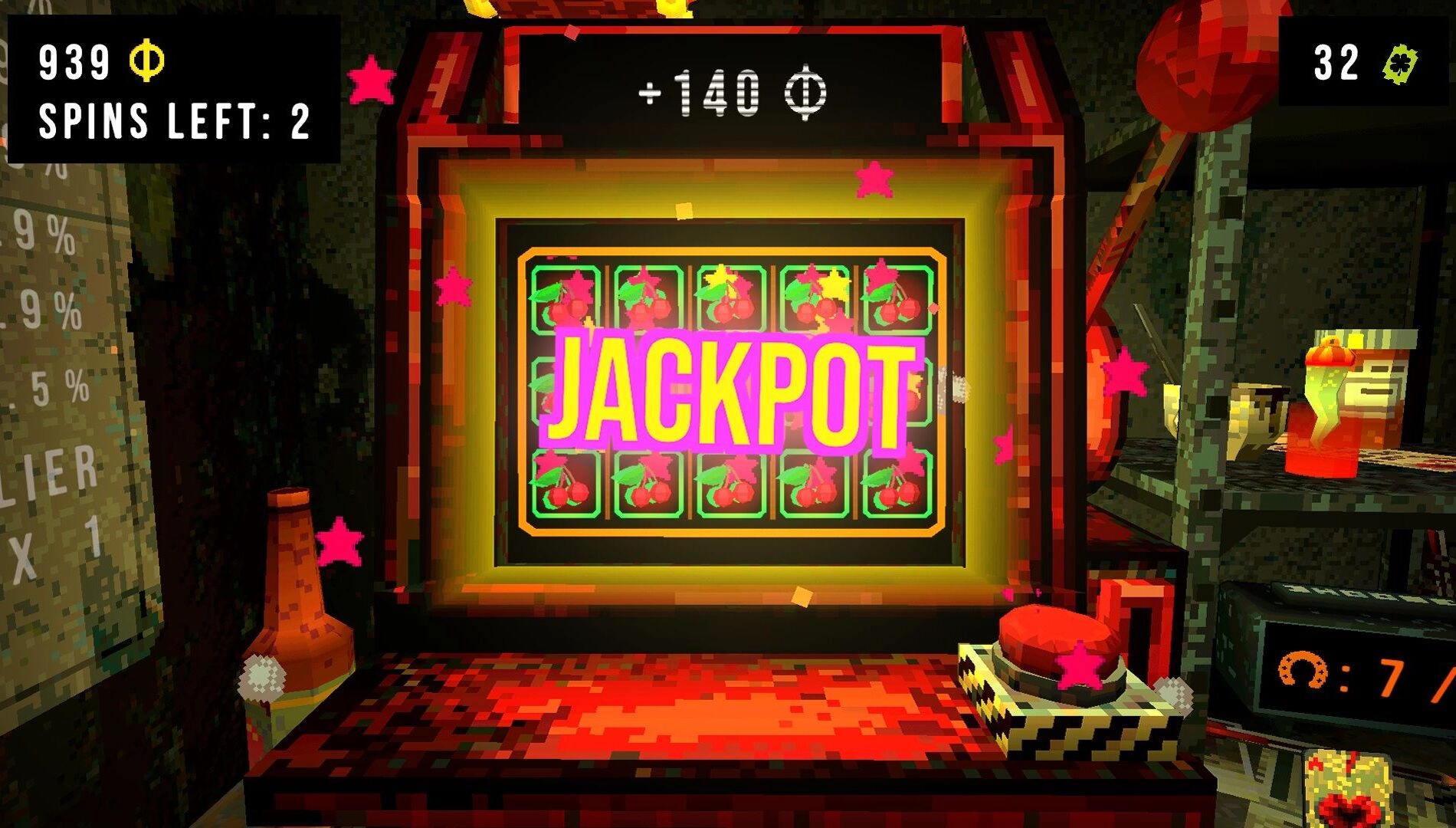 Screen displaying a jackpot on a slot machine in the horror-themed roguelite game CloverPit, featuring vibrant graphics.
