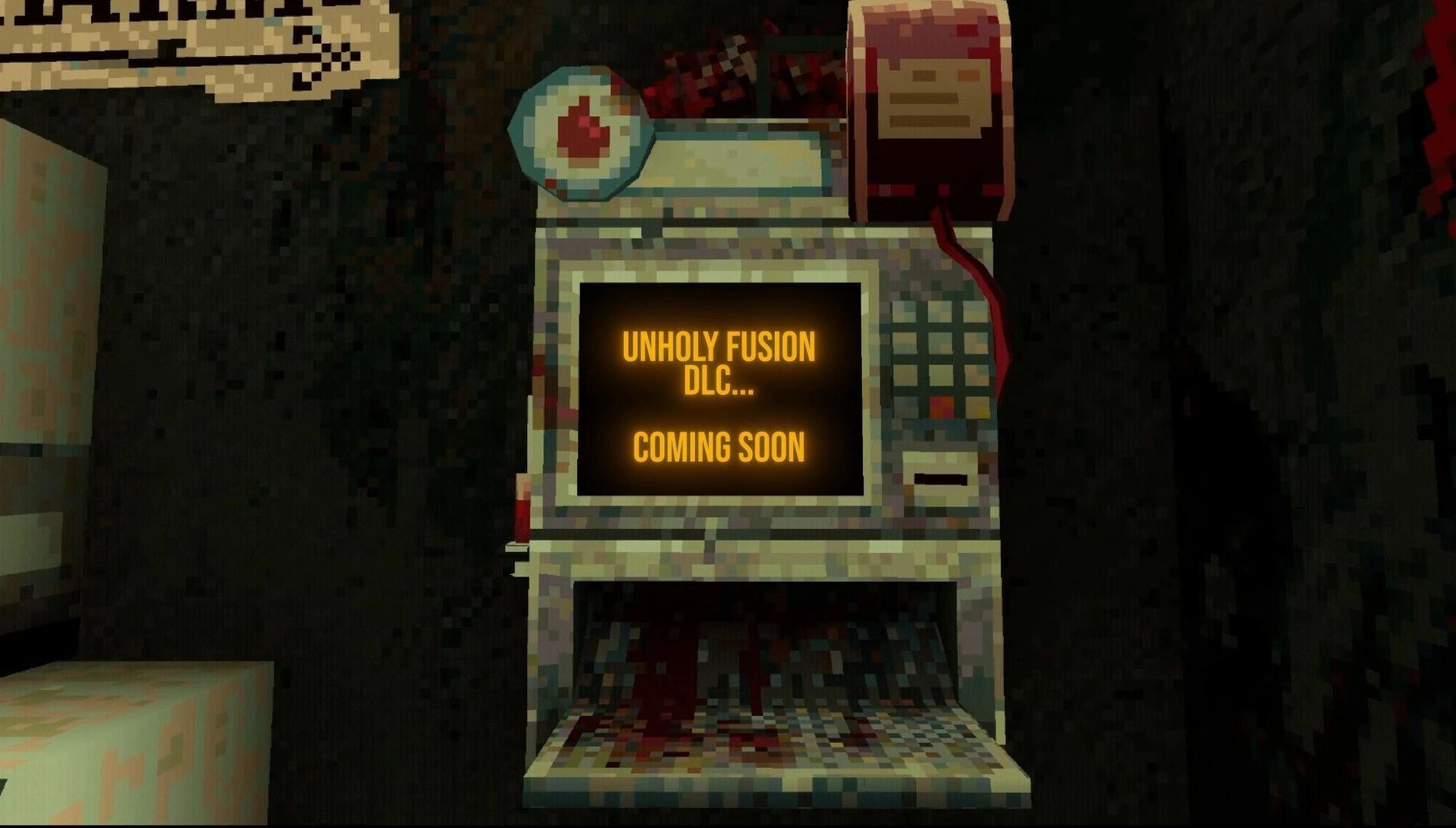 Eerie slot machine from CloverPit game, unveiling Unholy Fusion DLC. Experience horror and strategy in this unique roguelite.