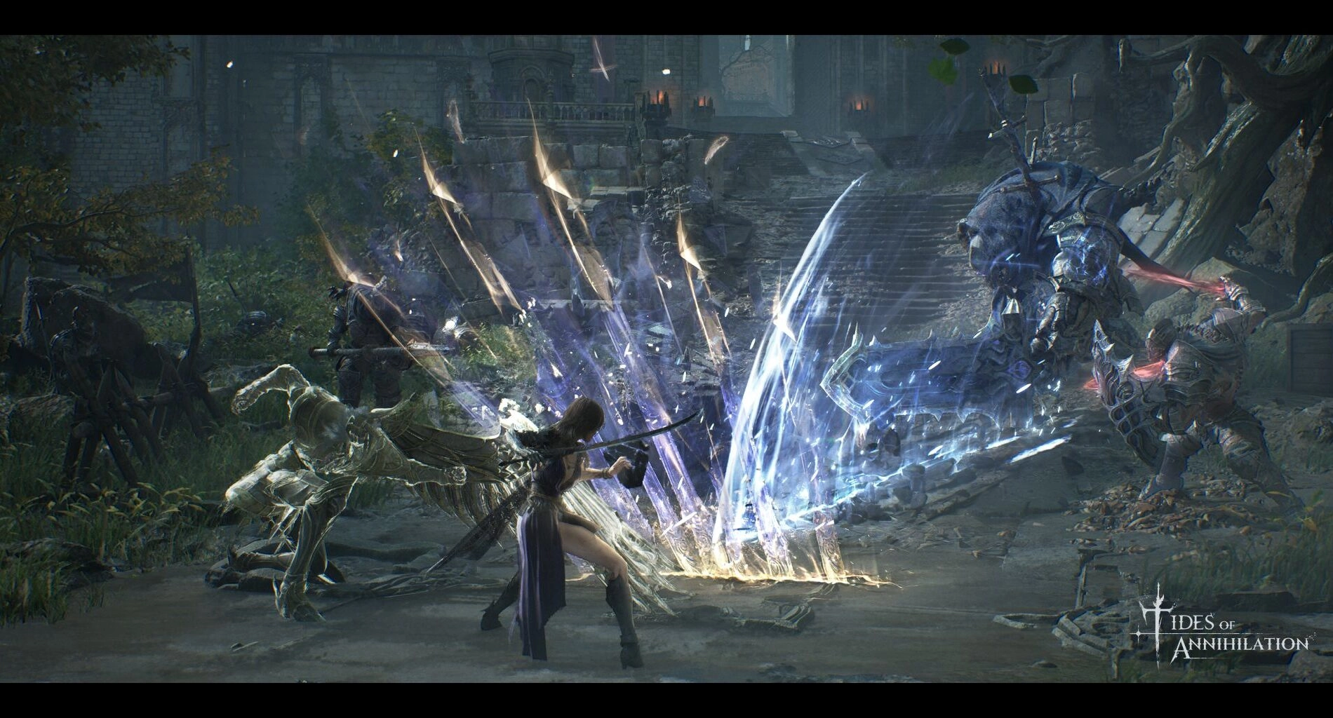 Gwendolyn battles enemies in Tides of Annihilation, using the Dual Frontline Battle System and summoning knights for victory.