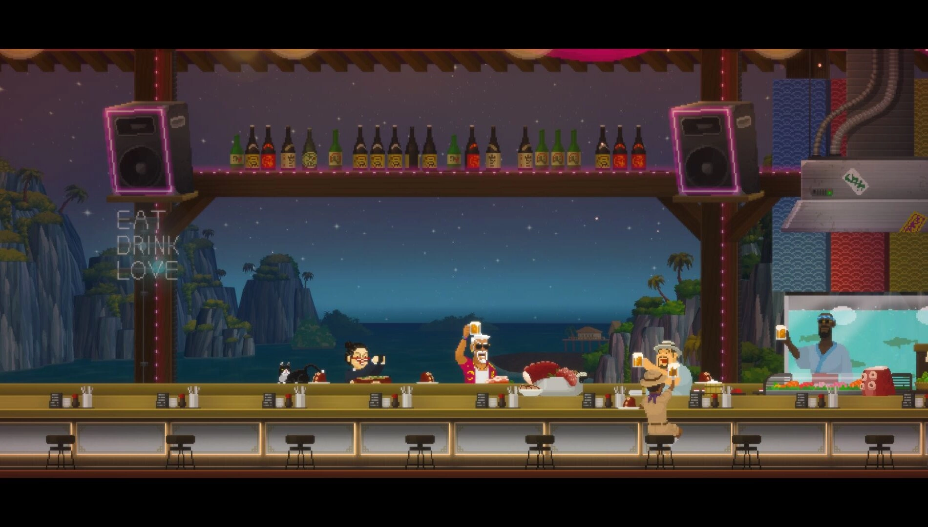 Colorful pixel art bar scene from *Dave the Diver*, featuring quirky characters enjoying drinks in a vibrant setting.