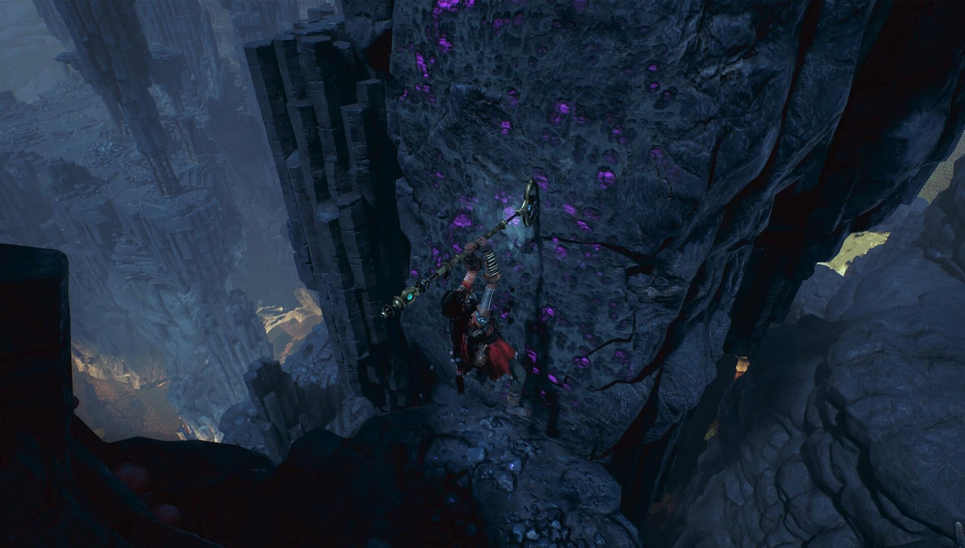 Character scaling a rocky cliff in