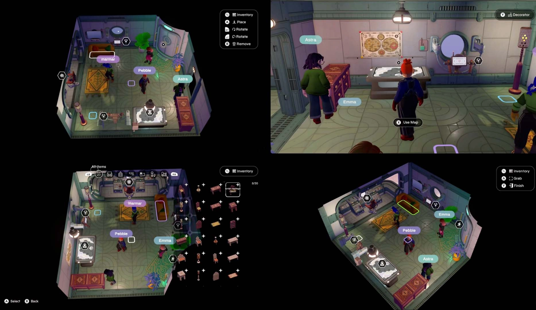 Four screenshots showcasing character interactions and ship interiors in Young Suns, a narrative-rich life sim game.