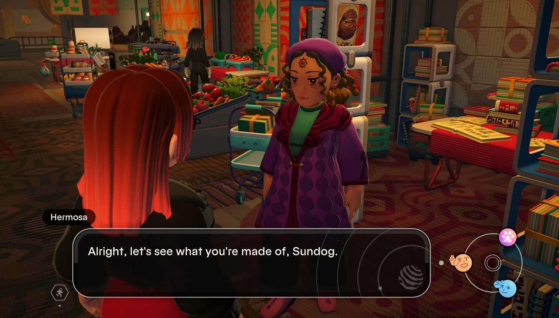A character interaction in Young Suns, a life sim set in an optimistic future on Jupiter, showcasing engaging storytelling.