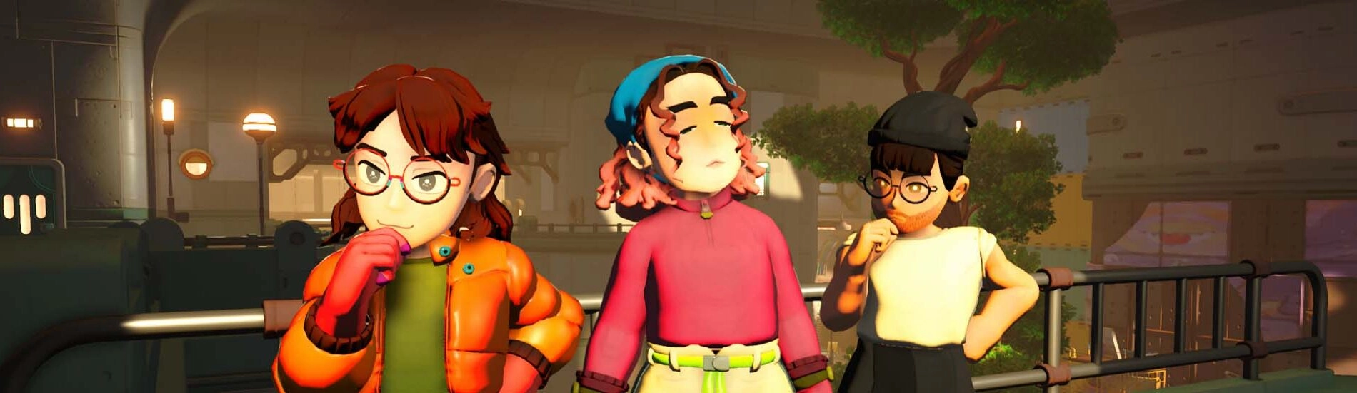 Three diverse characters thoughtfully engage in a futuristic space setting, highlighting the narrative-driven life sim, Yo...