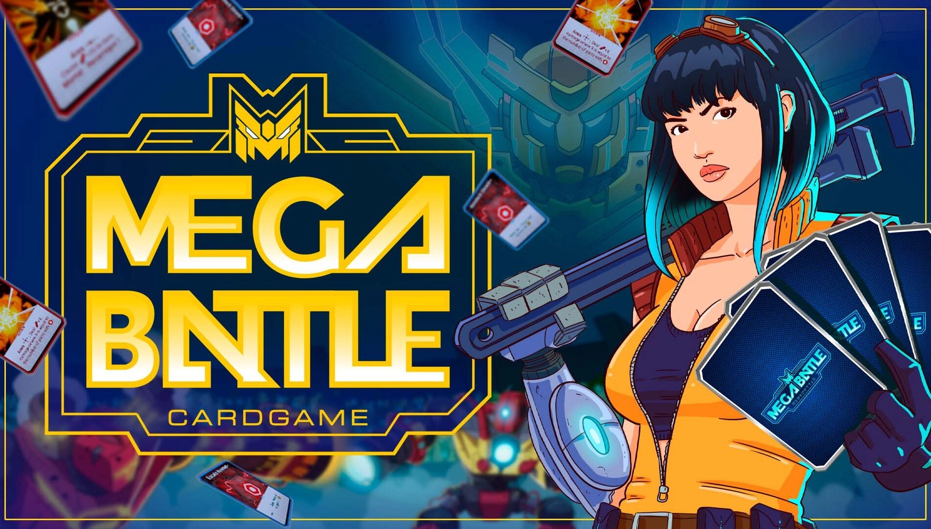 Art from Mega Battle card game featuring a dynamic character holding game cards, promoting Indie Selects Demo Fest.