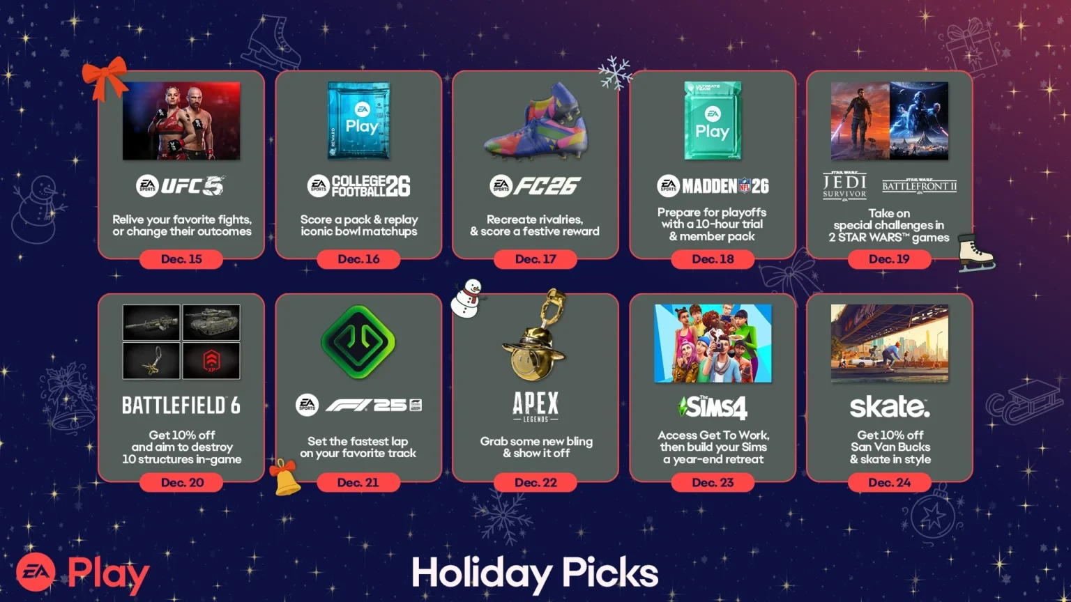 EA Play details 10-day holiday events and trials, Dec 15-24