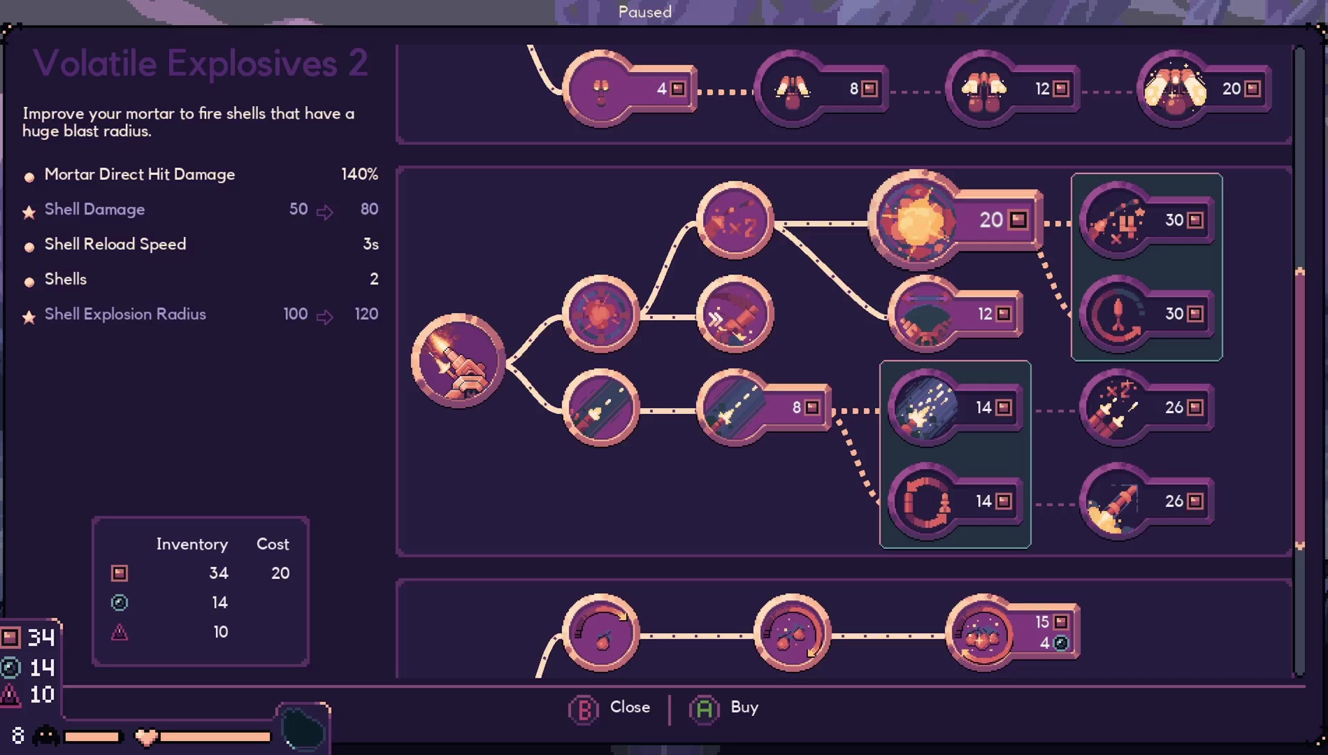 Upgrade tree for Volatile Explosives in Dome Keeper, showcasing various mining and defensive enhancements.