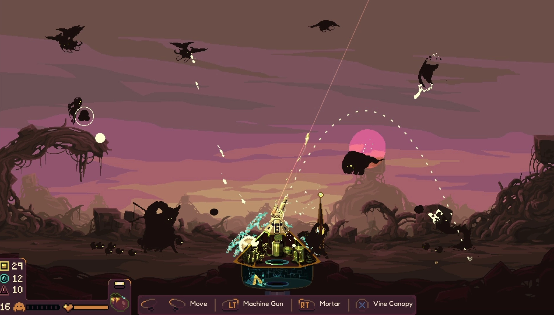 Dome Keeper gameplay scene: defend your mining dome against alien monsters while exploring an alien planet.