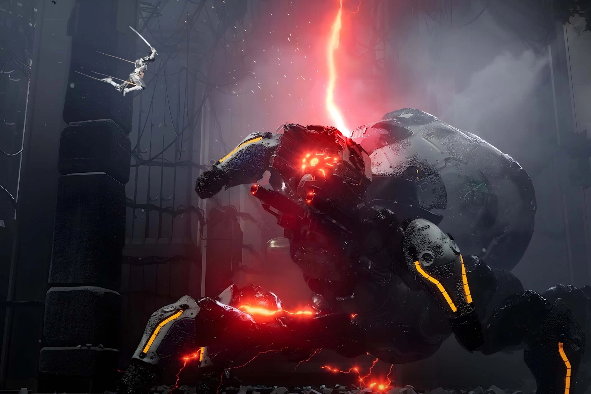 Epic clash between a futuristic samurai and a formidable mechanical foe in Sol Shogunate’s immersive world.