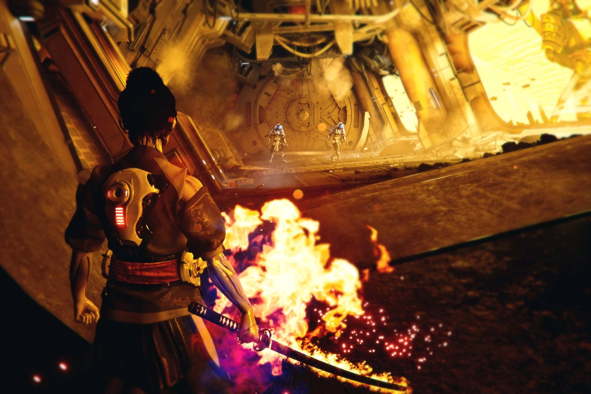 Samurai warrior in futuristic setting, wielding a sword amidst flames, ready for action in Sol Shogunate game.