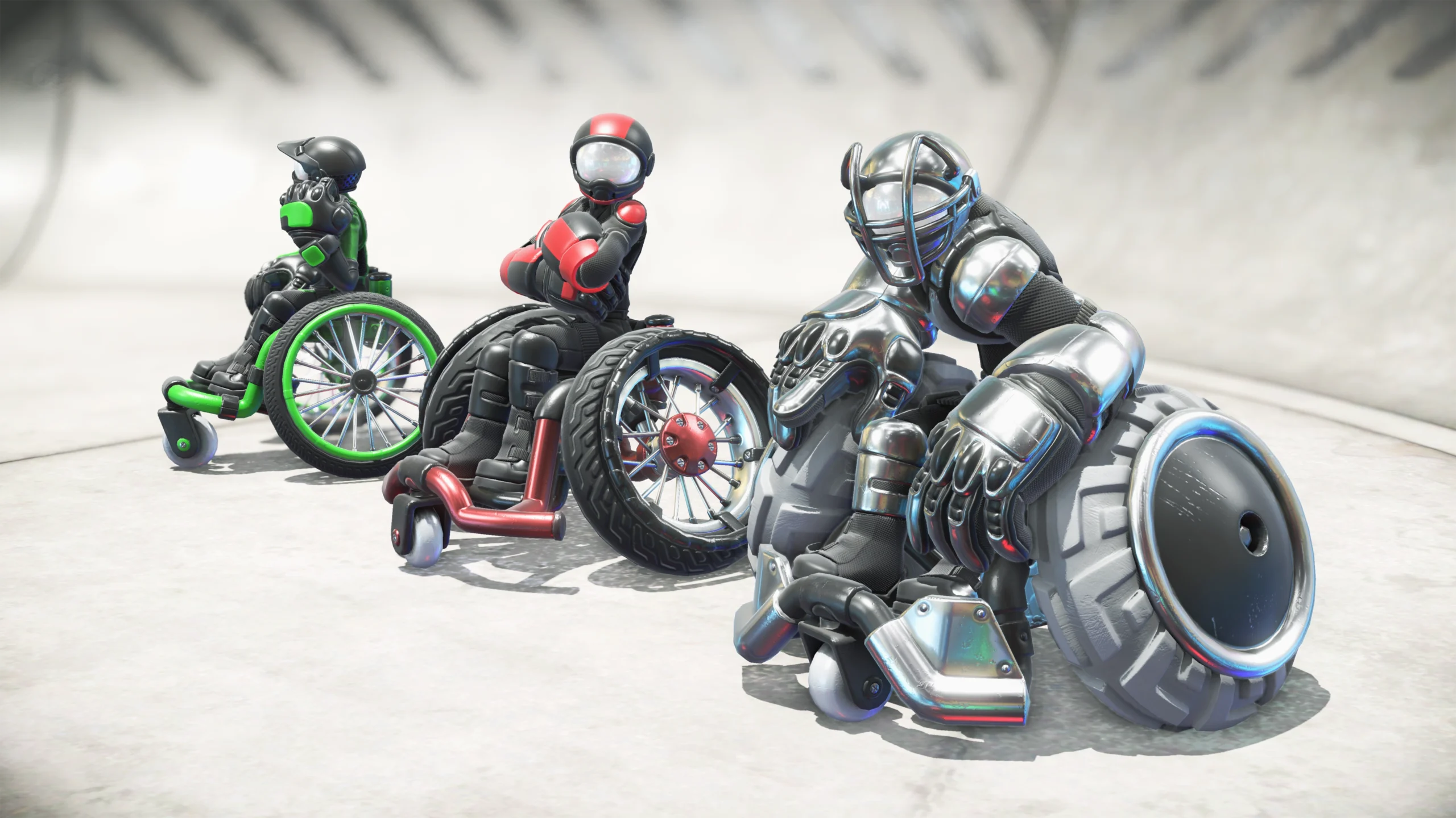 Three unique character designs in futuristic wheels, showcasing the gameplay of Nintendo