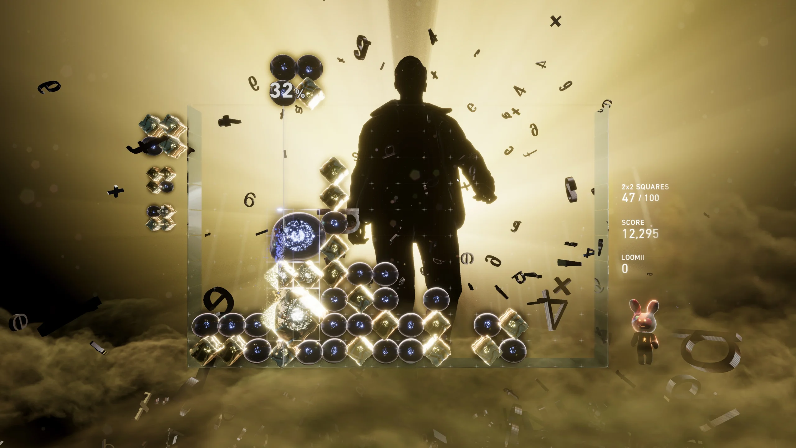 A silhouette against a bright backdrop, showcasing gameplay from Lumines Arise with vibrant shapes and animations.
