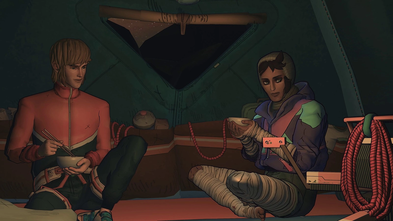 Illustration of Aava and a companion sharing a meal in their climbing tent, reflecting camaraderie amid a mountaineering j...