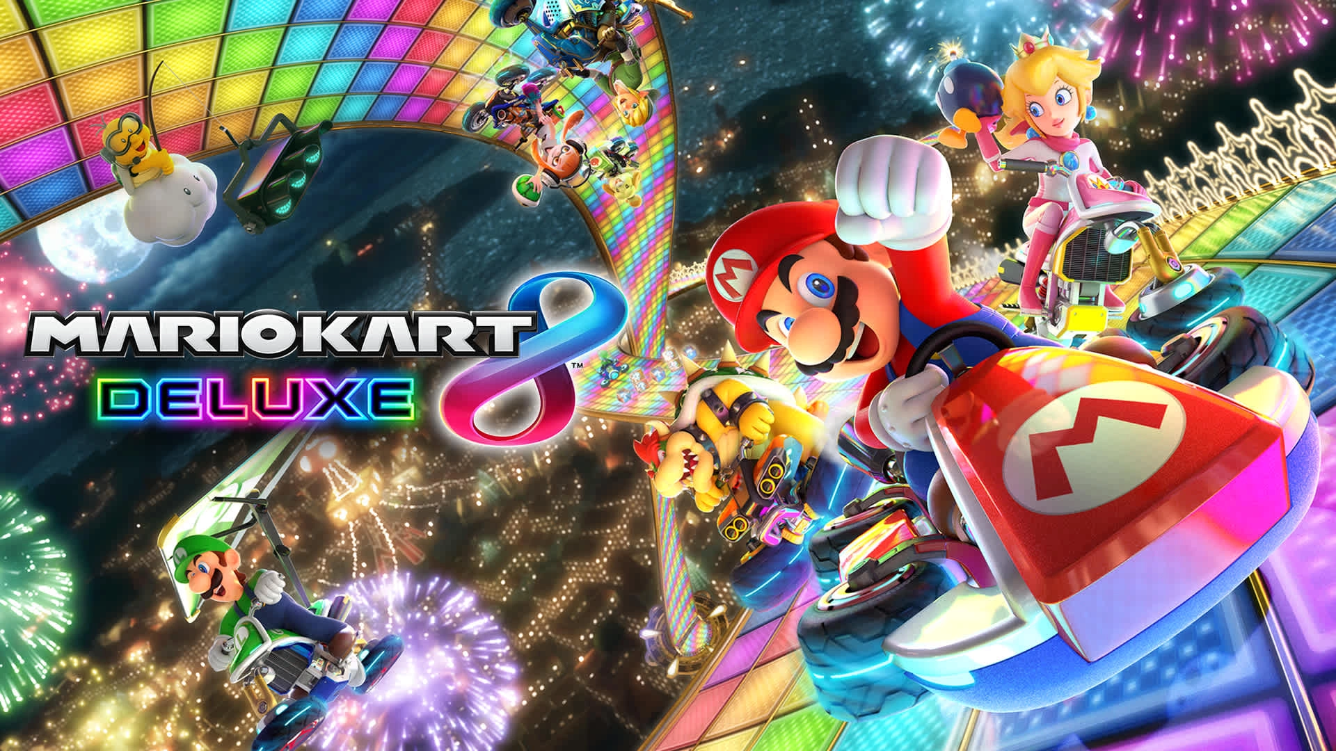Mario and friends racing in Mario Kart 8 Deluxe on a vibrant track with festive lights and exciting action.