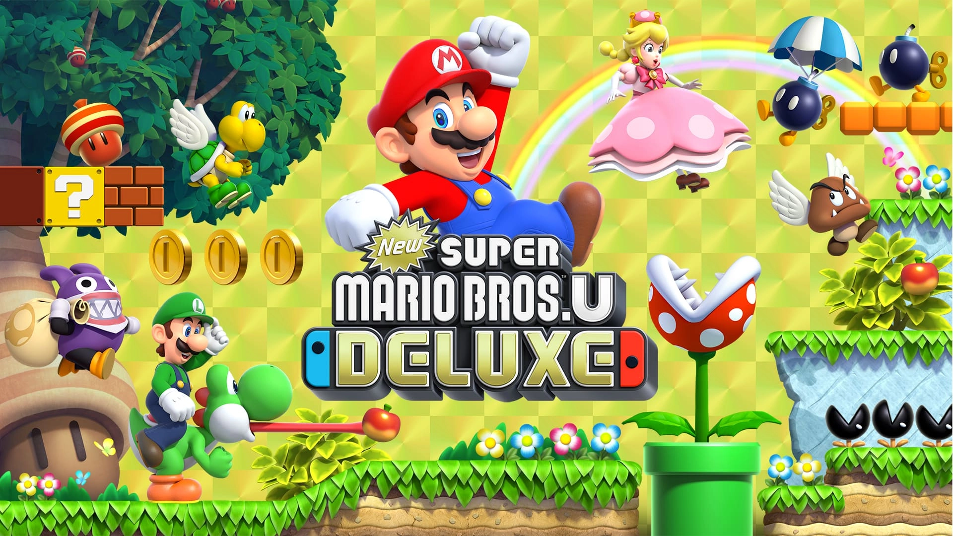 Mario and friends showcase fun adventures in New Super Mario Bros. U Deluxe on Nintendo Switch. Join the action today!