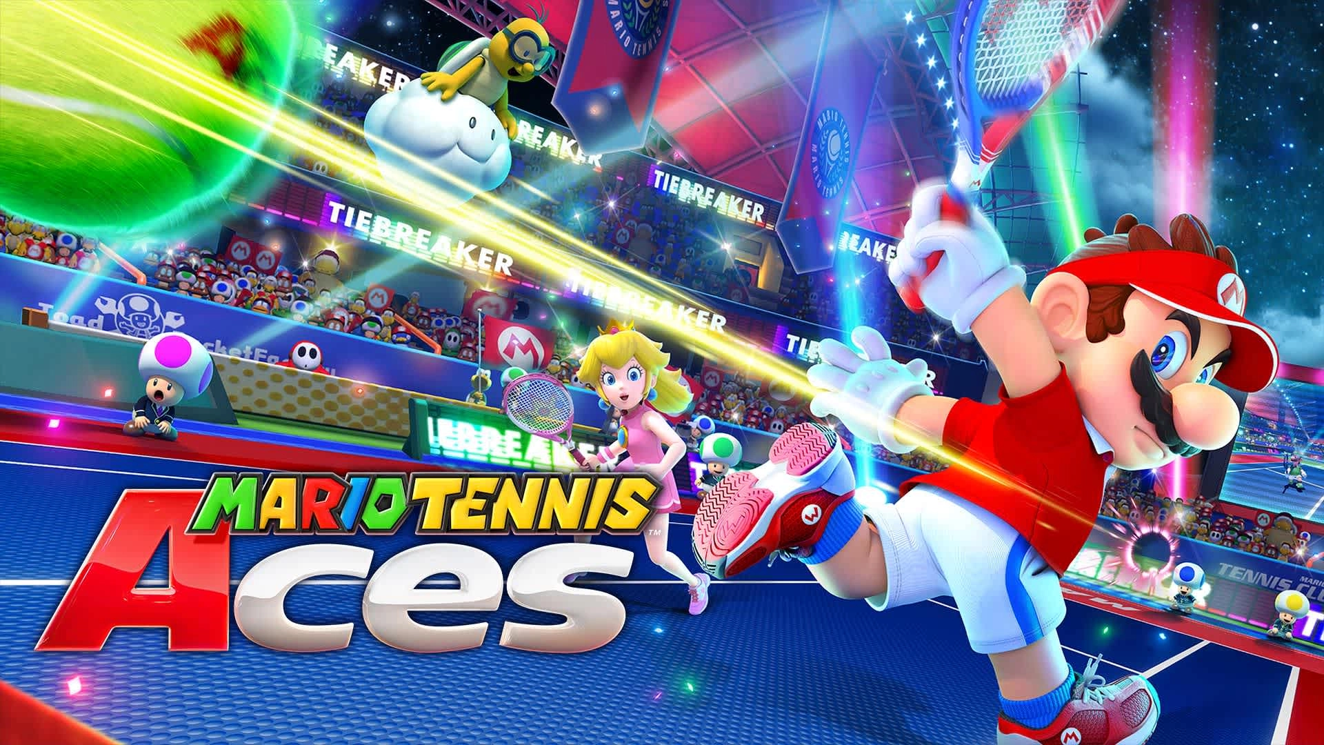 Mario Tennis Aces game featuring Mario and Peach playing a tennis match in a vibrant stadium setting.
