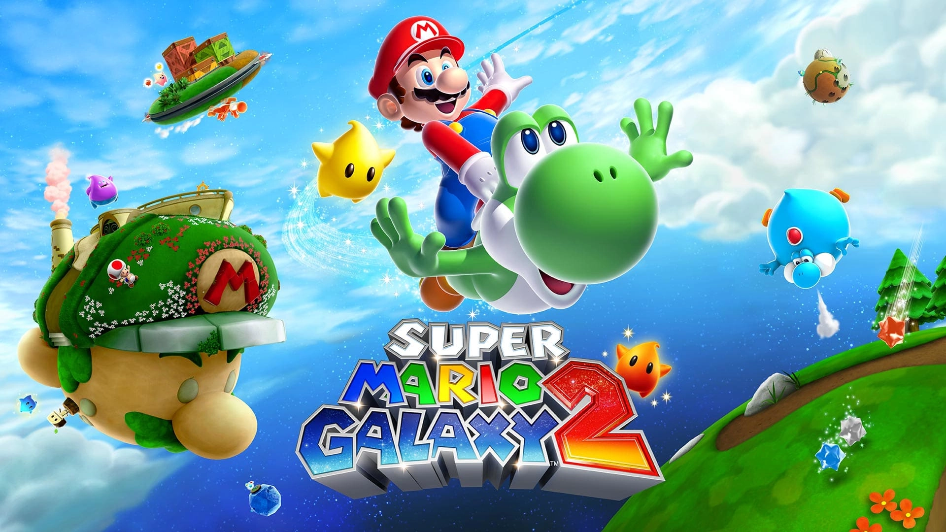 Mario and Yoshi soar through a colorful galaxy in Super Mario Galaxy 2, showcasing action-packed adventures on Nintendo Sw...