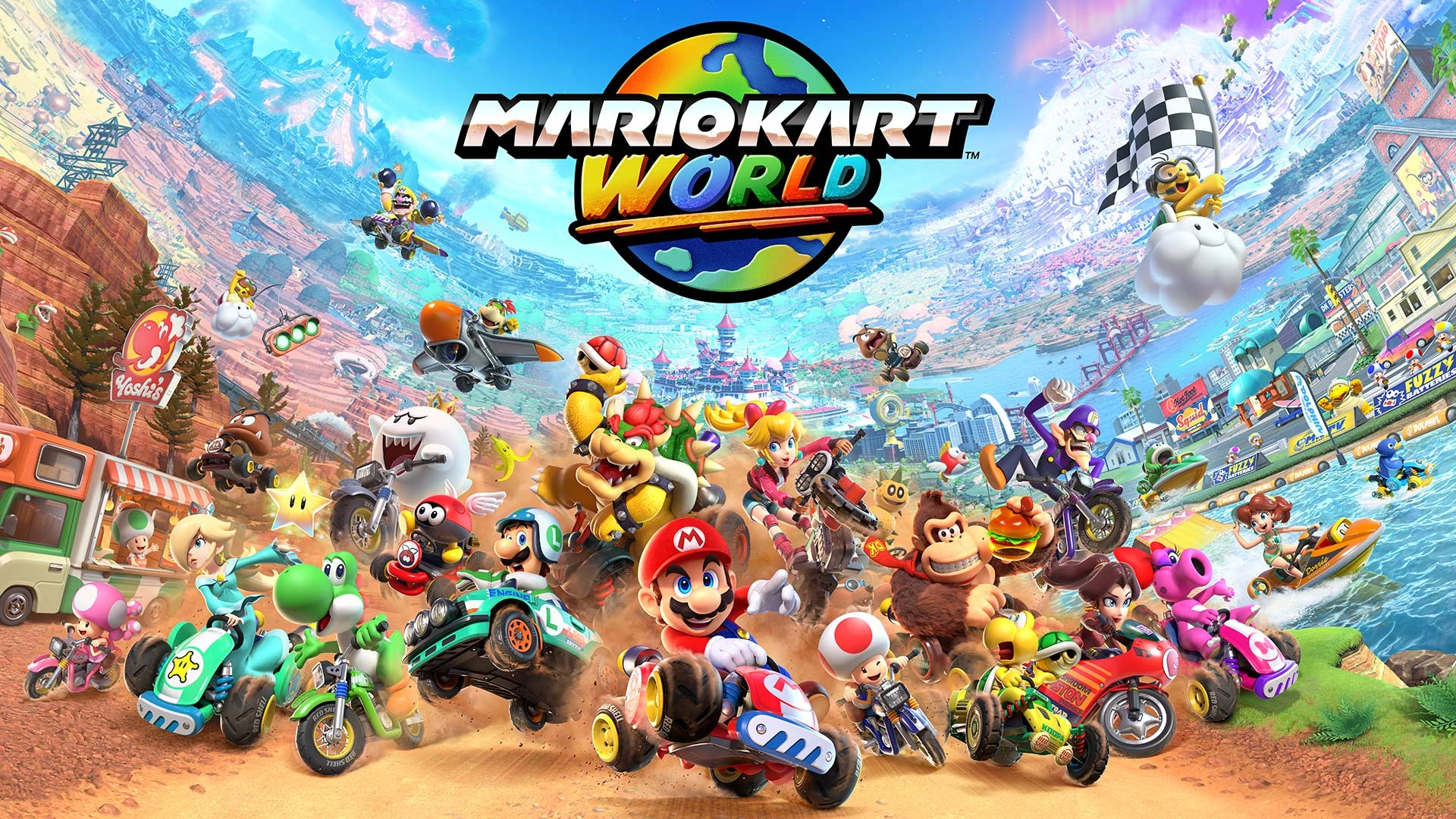 Colorful collage of Mario and friends racing in Mario Kart World, showcasing vibrant gameplay on Nintendo Switch.