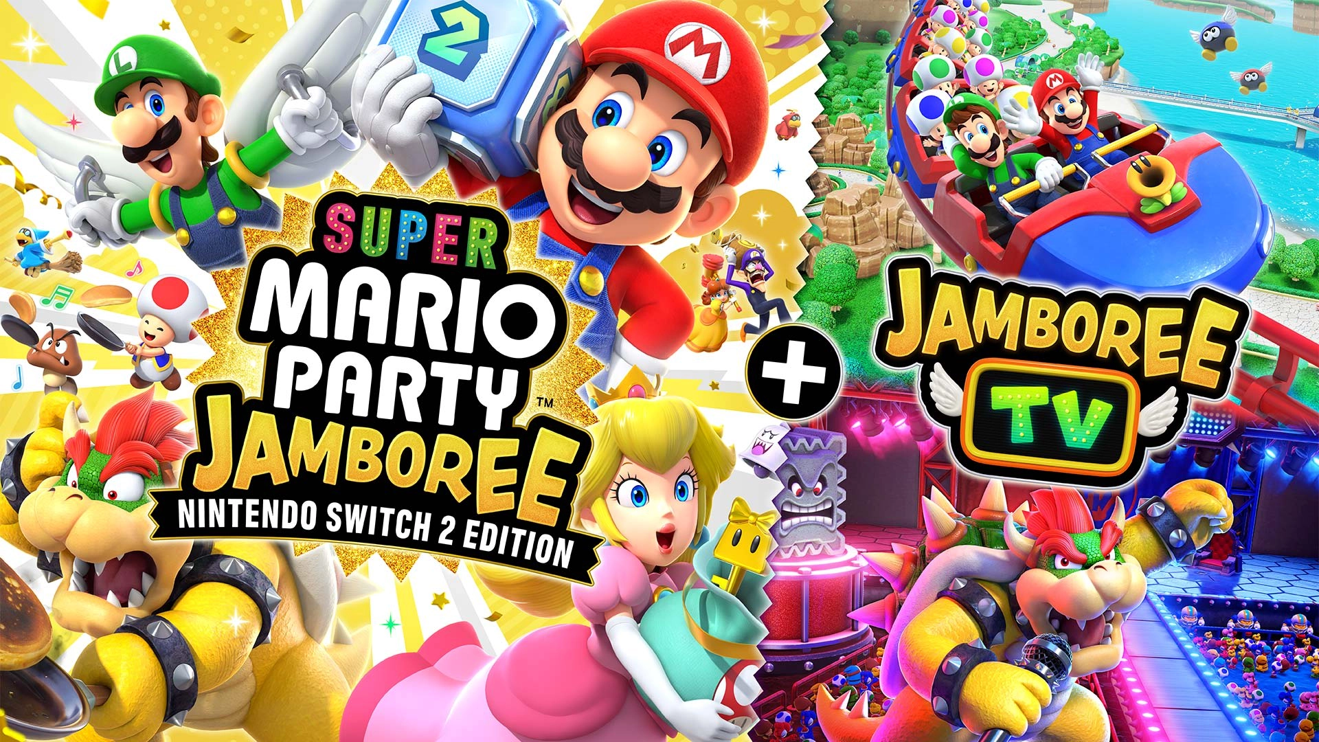 Super Mario Party Jamboree with Mario and friends, featuring Nintendo Switch 2 edition and exciting game elements.